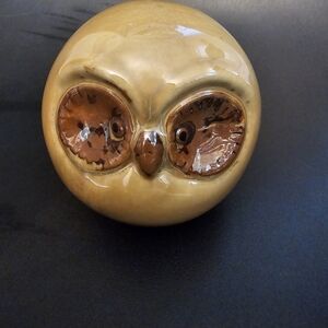 Vintage MCM Pottery Owl Round‎ Big Eyes Tan Brown Glaze 4"
